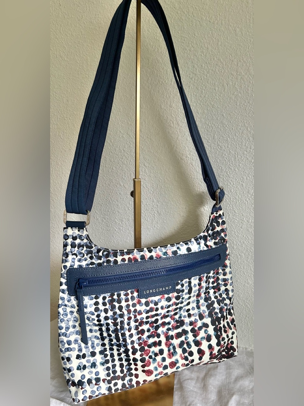 Vintage Longchamp Le Pliage Neo Flat Blue Dots Nylon 90s Crossbody Rare Bag EUC